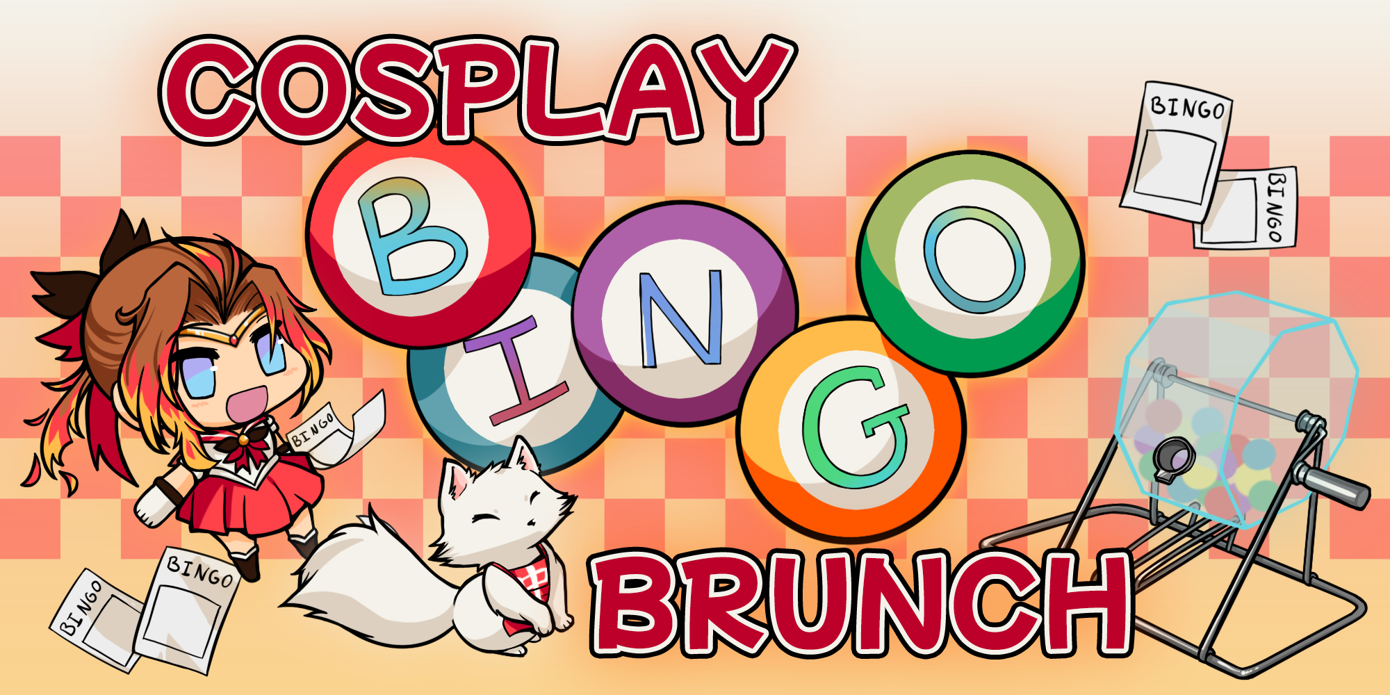 Cosplay Bingo promo image - Inari and Tomo with the text Cosplay Bingo and bingo balls that spell the word BINGO